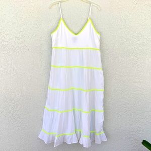 Scoop maxi White Dress with Neon green Accent lightweight cotton size L (12-14)